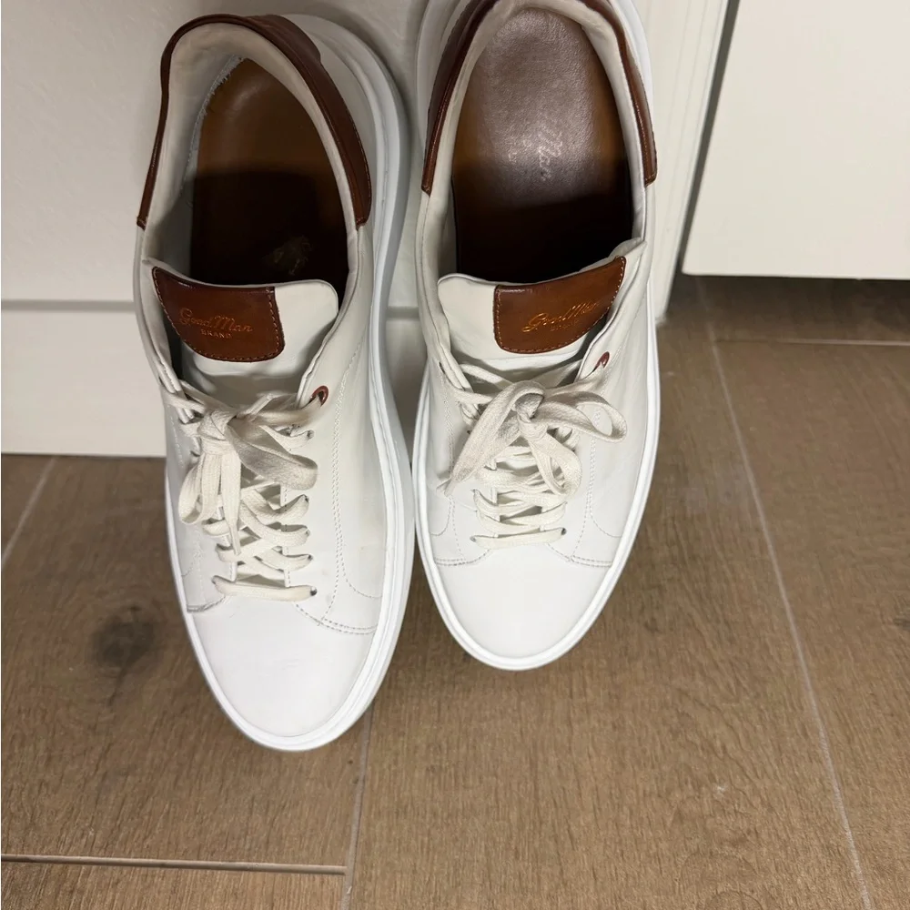 White Leather Low-Top Sneakers with Brown Leather Accents - Picture 11 of 11